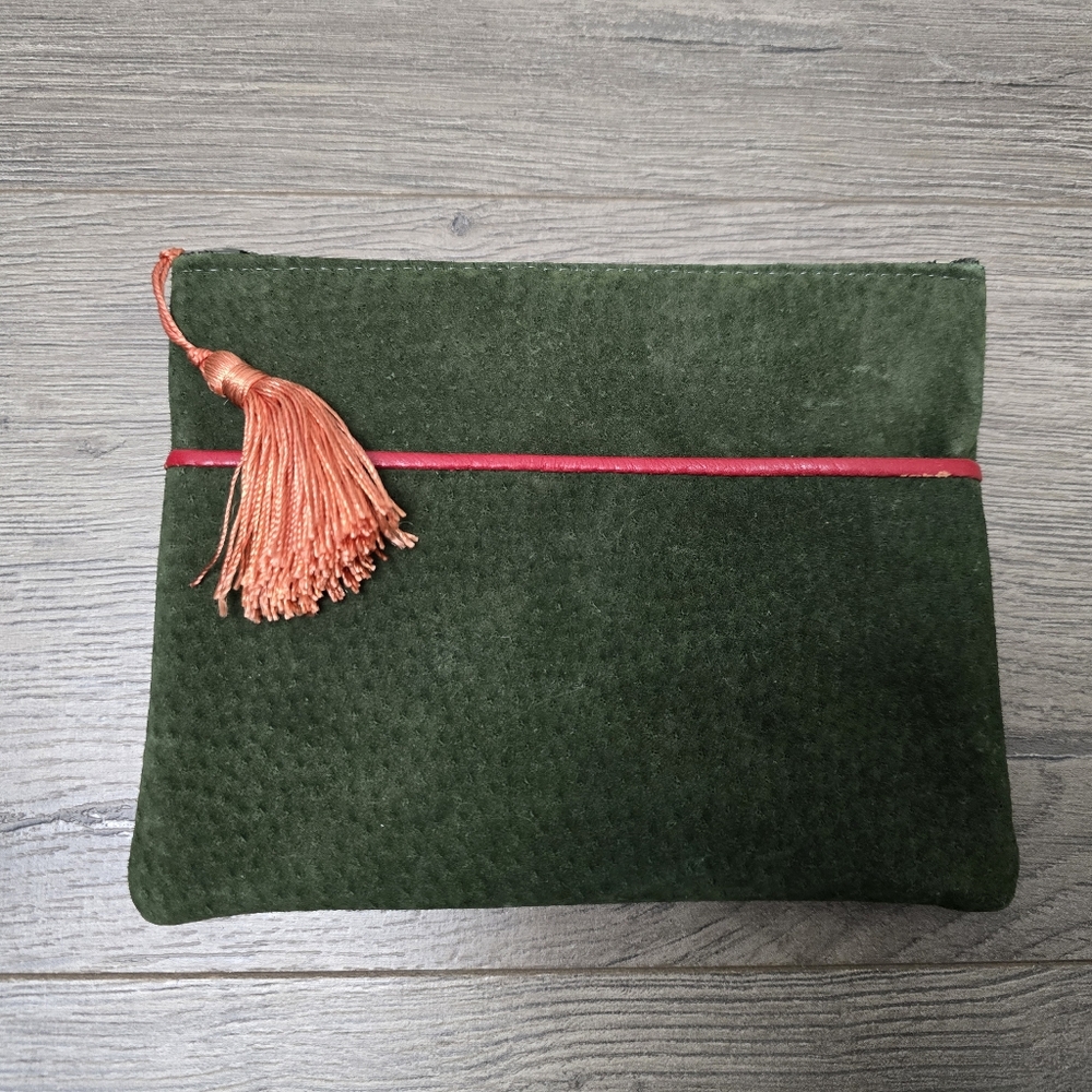 Jeffrey Lawrence Made In Italy Suede Cosmetic Bag Dark Green Travel Vacation